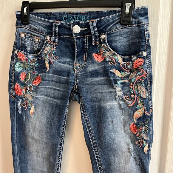 Grace in LA Distressed Floral Embroidered Skinny Size 26 Jeans Vintage Cute! - Picture 2 of 15